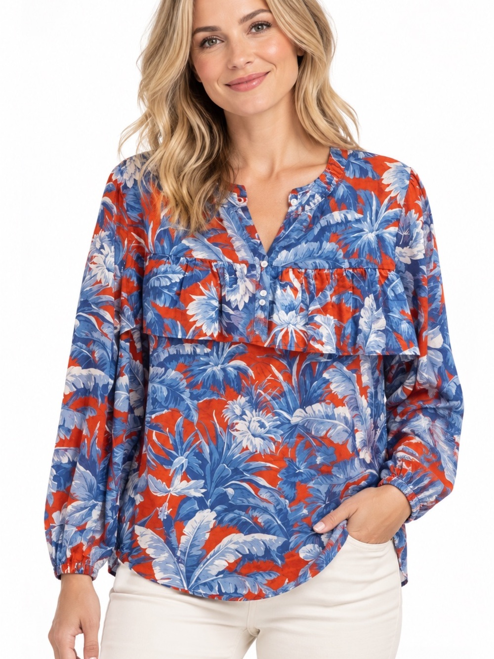 J. Crew Blue and Red Floral Ruffle Button-Front Blouse